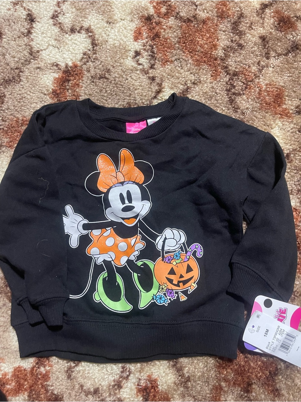 Disney Girls Black Minnie Mouse Halloween Sweatshirt with Orange and Green